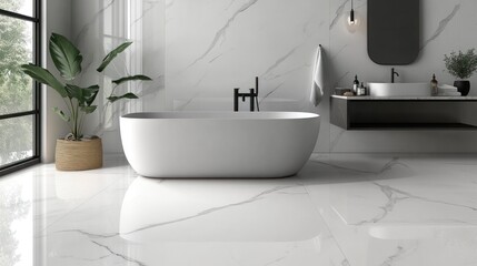 Poster - Modern bathroom with white marble tile flooring, a freestanding bathtub, a floating vanity, and a large window.