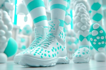 Wall Mural - Abstract 3D render of odd socks with geometric patterns in a futuristic setting, featuring white and turquoise colors