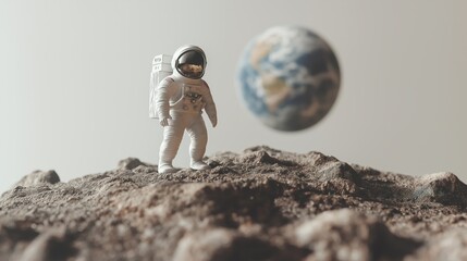 Wall Mural - A minimalistic scene featuring a small astronaut figurine standing on a rocky surface with Earth visible in the background