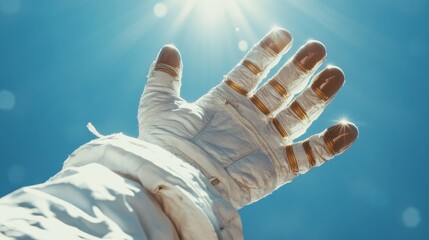 Wall Mural - Close-up of an astronaut's gloved hand reaching towards the sun against a clear blue sky