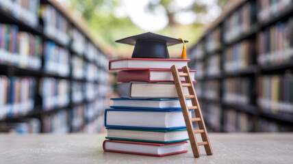 A stack of books with a wooden ladder on top of them. The books are arranged in a way that they look like they are on a table