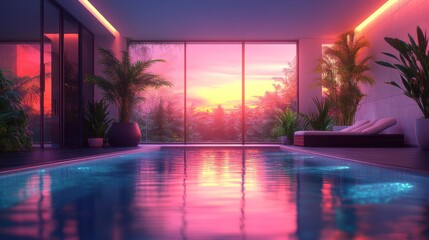 Canvas Print - Modern indoor swimming pool with sunset view.