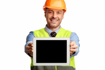 Poster - Cheerful Builder Man Showing Tablet Computer Screen Smiling To Camera Posing Over White Studio Background. Selective Focus, Mockup