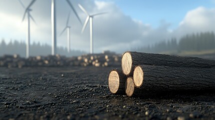 A collection of cut trees lies on open land, while large wind turbines stand in the background against a partly cloudy sky