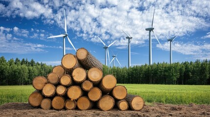 A collection of cut trees lies on open land, while large wind turbines stand in the background against a partly cloudy sky