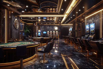 Casino room at Casino Royale: vibrant slot machines, glowing neon lights, players engaged in games, bustling atmosphere filled with excitement and anticipation.