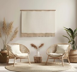 A minimalist living room with two wicker chairs. a woven rug. a wooden coffee table. and a large wall tapestry