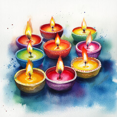 A set of colorful Diwali candles, painted with watercolors, perfect for the Festival of Lights.