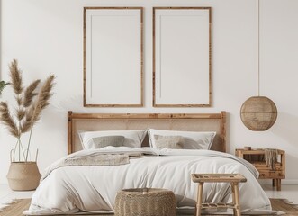 Minimalist bedroom interior design with a wooden bed. a white duvet. two empty frames on the wall. and a wicker basket