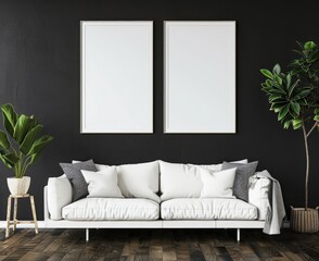 Minimalist living room interior with a white sofa. two empty frames on a black wall. and plants