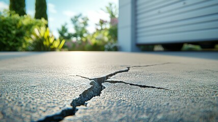 Crack in the foundation in front of the garage. Background or backdrop with copy space