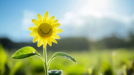 Smiling Sunflower: A cheerful yellow sunflower with a happy face blooms in a field, bathed in warm sunshine, representing optimism and joy.  