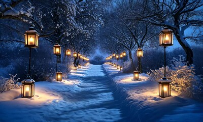 Wall Mural - A snow-covered winter path lined with glowing Christmas lanterns, winding through a quiet forest under a canopy of frosted trees and a deep blue night sky.