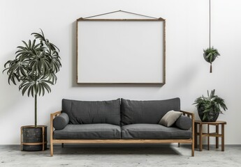 Minimalist living room interior with a grey sofa. two plants. a wooden coffee table. and a large blank frame hanging on the wall