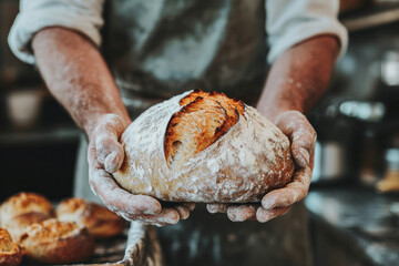 Baker proudly displaying a freshly baked loaf of bread.