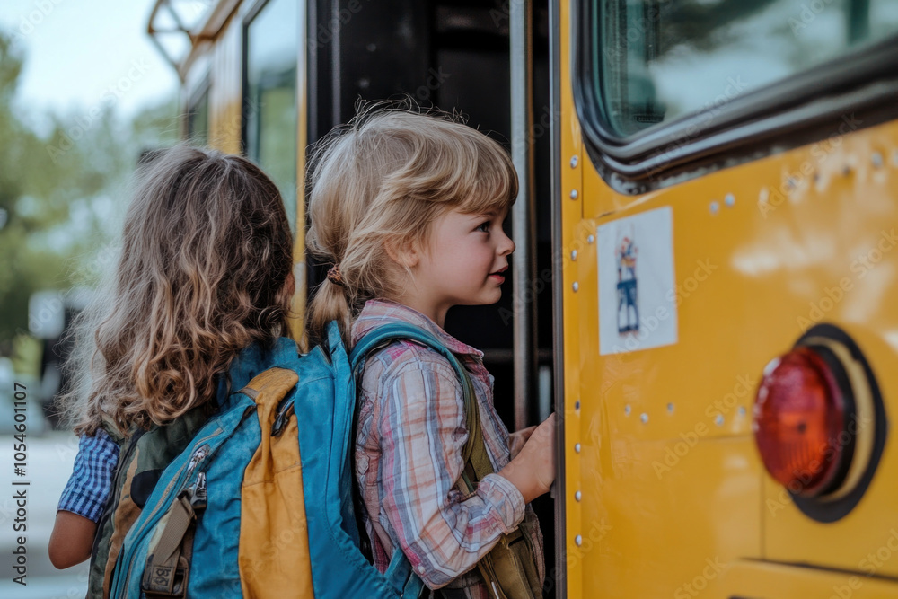 Two children stepping off a school bus, waving goodbye. Bus door open