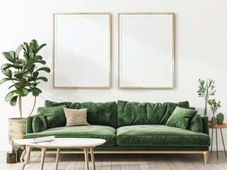 Minimalist living room interior with green velvet sofa. two blank frames. wooden coffee table. and plants on white wall