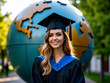 © Gianpiero - A cheerful Caucasian graduate, wearing a cap and gown, smiles confidently in front of a large golden globe sculpture, a symbol of global opportunity and academic success.