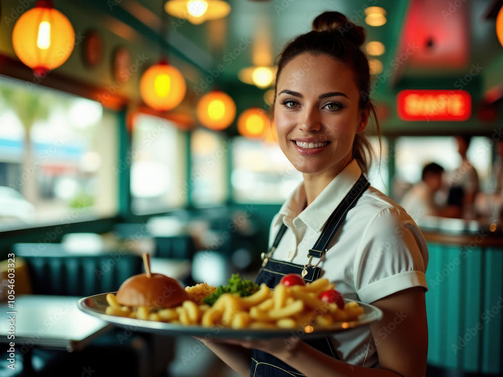 Waitress Names A cheerful waitress in a retro diner serves a delicious meal with fries ...