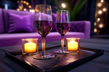 Poster - 3D rendering of a cozy lounge with rich textures, velvet couches, and people enjoying wine, creating a digital environment that showcases the opulent comforts of a hedonistic lifestyle, symbolizing