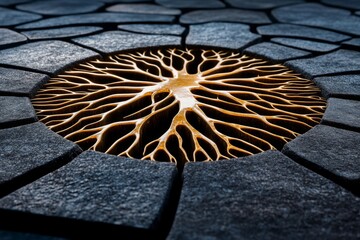 Poster - 3D rendering of interconnected roots and branches forming a natural network, symbolizing pantheistic unity and the connection between all living things in a visually striking style, symbolizing