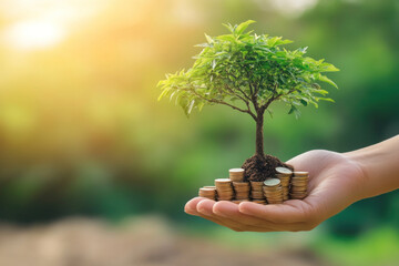 A hand holds coins with a tree sprouting from it, symbolizing growth, wealth, and nature's connection to prosperity.