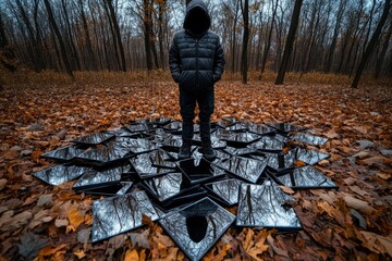 Poster - A figure standing in a dark, foggy forest surrounded by mirrors that only show their face, capturing the haunting solitude and self-reflection of solipsistic thought, symbolizing mystery and