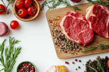 Fresh cuts of meat displayed on a wooden cutting board surrounded by colorful vegetables and herbs in a bright kitchen setting