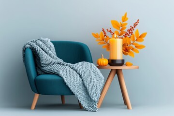 Poster - Abstract minimalist design of a cozy lounge chair with a soft blanket and a candle, representing the warmth and relaxation of hedonistic comfort in a clean, refined style, symbolizing calm and