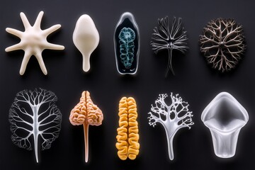 Poster - Minimalist design of a stem cell gradually transforming into various cell types like neurons, muscle, and skin cells, with clean, abstract shapes representing each stage of differentiation,