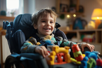 Joyful young boy in a wheelchair playing with colorful toys, captured in a warmly lit home setting, symbolizing inclusivity and happiness.