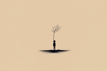 Poster - Simple line art of a figure standing in a blank space with a single shadow, capturing the solitude and introspection associated with solipsism in a minimalist style, symbolizing isolation and