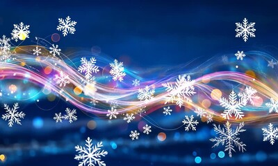 Wall Mural - An abstract Christmas night with glowing light trails and swirling snowflakes, set against a deep blue sky, creating a dynamic and magical festive atmosphere