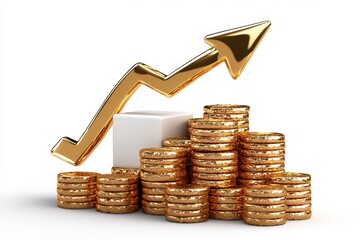 Poster - a 2D cartoon illustration of a bar chart with a gold arrow moving up successful growth white background