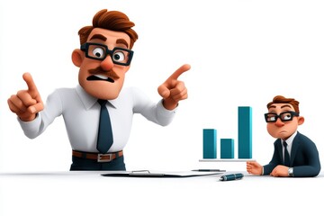 Poster - a 2D cartoon illustration of a business presentation with a bar graph rising showcasing growth white background