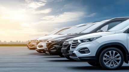 various cars in multiple colors are parked neatly side by side in a parking lot under overcast weath