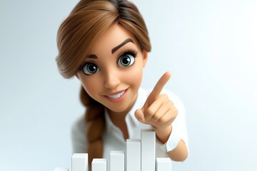 Poster - a 2D cartoon illustration of a businesswoman pointing at a bar graph of growth focused and successful white background