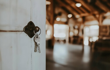 A close-up of a key in a lock, with a blurred interior space in the background.