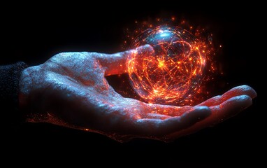 Stylized hand gripping a glowing atom, with an aura of energy, representing the fusion of quantum mechanics and nuclear energy in a striking image