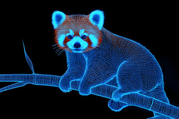 A modern blue neon wireframe representation of a red panda perched on a bamboo branch with a sleek black background --ar 3:2 --s 50