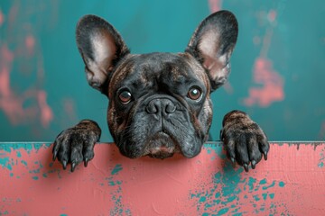 French Bulldog Peeking Over Pink Banner Teal Background Cute Adorable High Detail Photography Ad Banner Card Party Invitation Copy Space