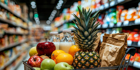 Poster - A shopping cart filled with fruits, milk, and groceries sits in an aisle of a grocery store, showcasing a variety of colorful items