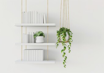 A white wall with two hanging shelves. one holding books and the other a potted plant A second hanging plant is suspended from the ceiling