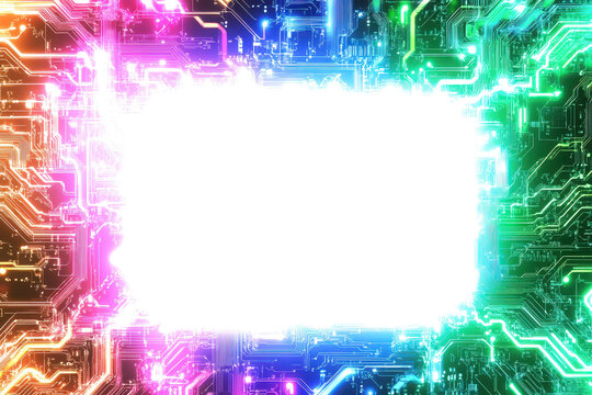 A striking circuit board design featuring colorful lights surrounding a blank area, ready for additional content or text