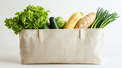Poster - Bright green lettuce, cucumbers, a banana, and other produce fill a stylish, eco-friendly bag, showcasing healthy eating choices, copy space