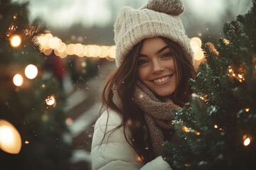 A joyful woman smiles as she stands among Christmas trees adorned with twinkling lights, capturing the holiday spirit during winter