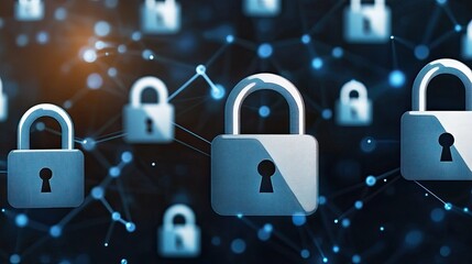 Poster - The illustration features multiple padlock icons connected through a network, symbolizing cybersecurity and data protection