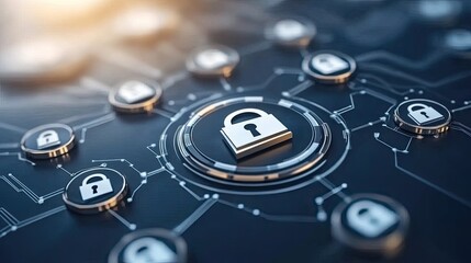 Poster - The illustration features multiple padlock icons connected through a network, symbolizing cybersecurity and data protection