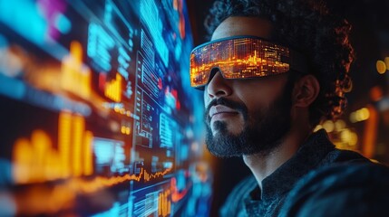 Poster - Young Hispanic man experiences augmented reality in a futuristic environment at night