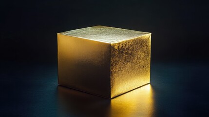 Poster - Golden Cube on Dark Background Illuminated Elegantly